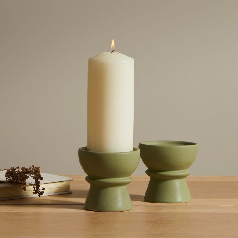 Ackton 9cm Ceramic Pillar Candle Holder - Set of 2 - Sage Green